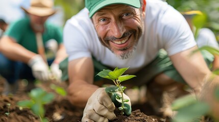 A dedicated gardener is planting a young sapling carefully in the soil, using gloves and a trowel, with others working beside them, fostering growth and care for nature.