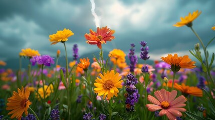 Obraz premium Bright Field of Daisies and Lavender Under a Dramatic Sky