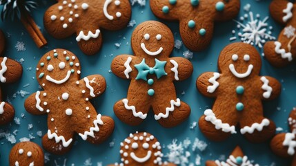 Festive Christmas Gingerbread Men Cookies on Blue Background with Snowflakes, Holiday Baking Concept