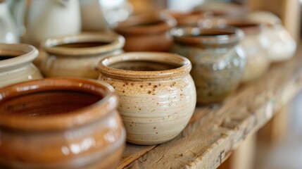 A close-up view of a variety of ceramic pots placed on a wooden shelf, showcasing different sizes, shapes, and colors. The detailed textures highlight the artistic craftsmanship involved.