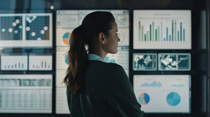 A focused woman analyzing multiple digital charts and graphs on large screens in a dimly lit room, immersed in data visualization and trends.