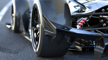 Fototapeta premium A sleek, aerodynamic race car's side view, emphasizing its cutting-edge design and the high-performance features of its black glossy body and innovative technology.