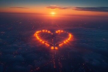 Scenic shot of an airplane flying through a heart-shaped cloud, leaving a trail, ideal for tourism promotions