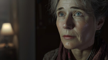 A woman gazes into the distance, her expression a mix of concern and hope, illuminated warmly against a softly lit and blurred indoor background.