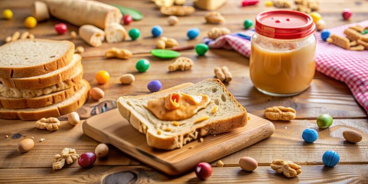 Adorable baby's half-eaten peanut butter sandwich with crumbs and sticky fingers' prints on a wooden table, surrounded by baby bottles and toys.