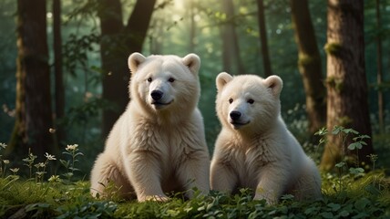 Whimsical and charming illustration featuring two adorable white bears with soft, fluffy fur.  green forest setting, surrounded by clovers and  leaves. 
