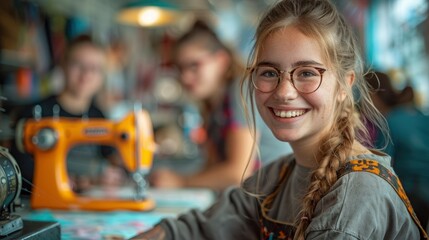 Fototapeta premium Enthusiastic students, with bright smiles, learn to sew in a vibrant fashion studio, celebrating each stitch and design
