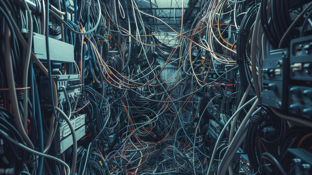 A labyrinth of tangled cables and wires in an electronic setup, spreading across the room and creating a complex network.