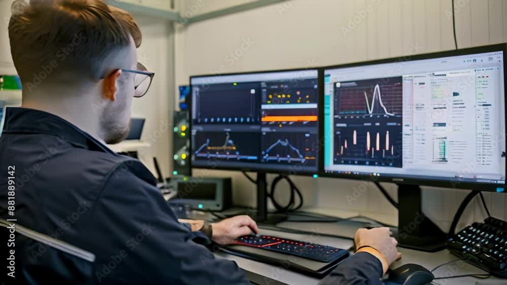 Poster a man sitting in front of a computer monitor, analyzing data and energy output, monitor and analyze 