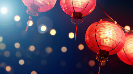 Obraz premium Red paper lanterns glowing against a dark sky, creating a vibrant atmosphere with bokeh lights in the background, evoking a festive night scene.