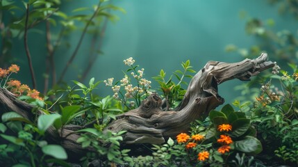 Obraz premium Serene Natural Scene: Wildflowers and Driftwood in Beautiful Greenery