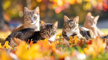 Fototapeta premium Cats lounging on grass under fall leaves with space for text