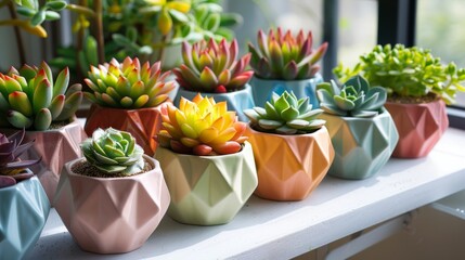 Colorful Succulent Garden in Geometric Pots on Sunlit Windowsill