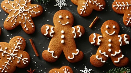 Christmas Gingerbread Cookies With Festive Decoration On Black Concrete Background. Top View
