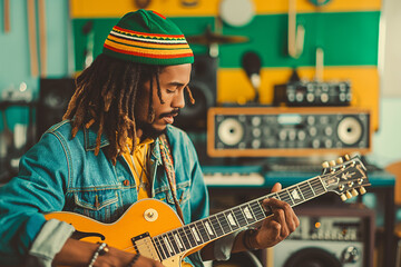 A reggae music artist with dreadlocks wearing green, yellow and red playing an acoustic guitar, magical atmosphere of musical creation.