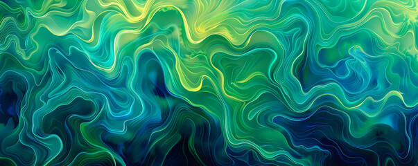 A vibrant energetic background with neon waves and flowing currents of light in bright greens and blues, creating a sense of movement.