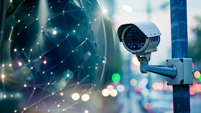Security camera on a pole surveilling a city street for signs of unauthorized activity, Monitoring network activity for signs of unauthorized access