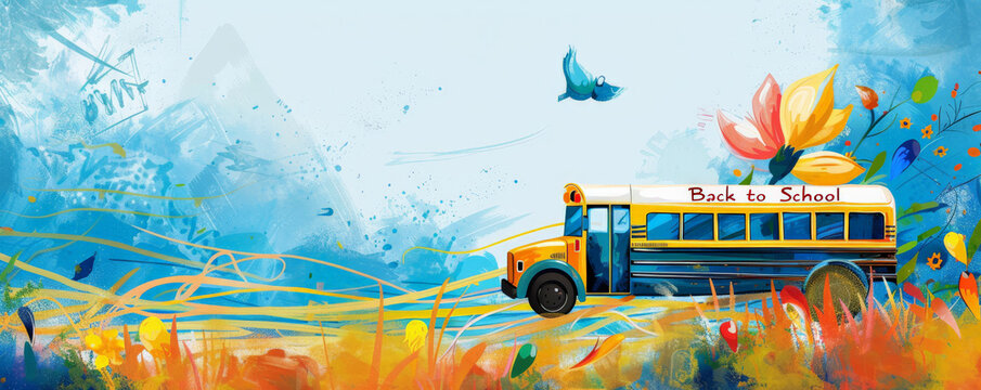 A playful "Back to School" background with a school bus, kids, and various school supplies against a colorful backdrop, with space for copy.