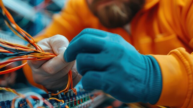 A technician managing a complex array of wires and connections in a server room, demonstrating the intricate and detailed work required in modern network management.