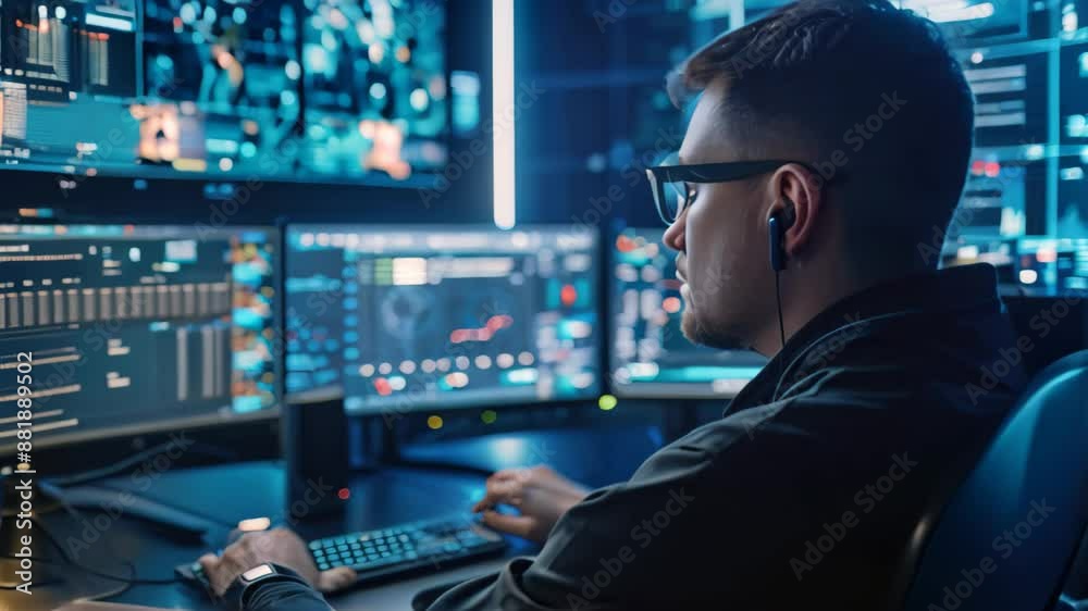 Poster a man seated in front of a computer monitor, analyzing network activity for signs of unauthorized ac