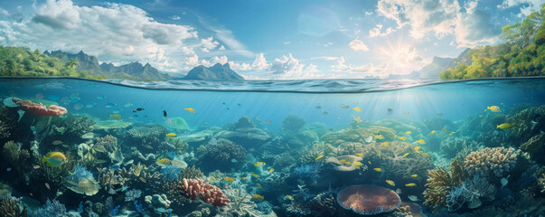 Naklejka premium A safe planet backdrop showcasing a clean, clear ocean with thriving marine life and coral reefs, representing ocean conservation efforts.