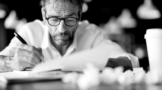 A man with glasses is diligently writing documents, concentrating deeply in a black and white photo, reflecting an atmosphere of seriousness, intellect, and timeless dedication.