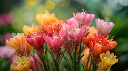 Fototapeta premium Vibrant Bouquet: Pink, Yellow, Orange Flowers in Full Bloom with Bokeh Background