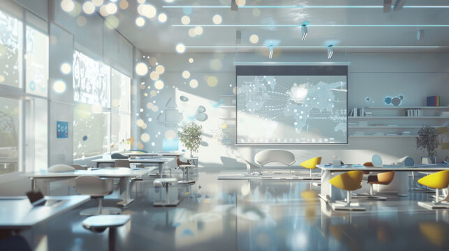 A modern, spacious classroom filled with natural light and technology, depicting an innovative educational environment focused on collaboration and interactive learning.