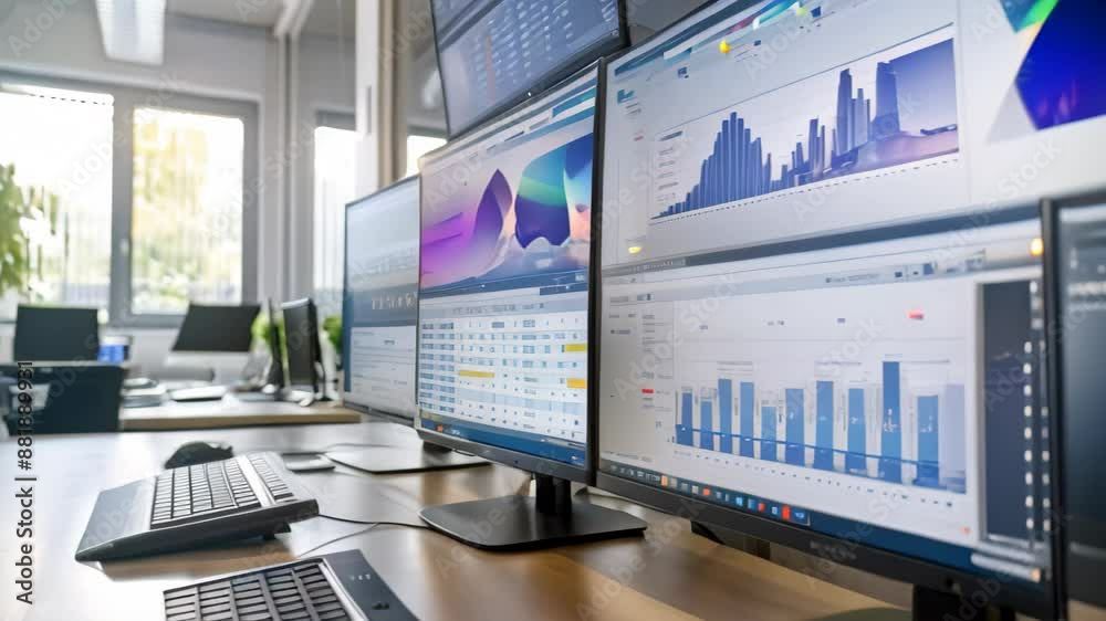 Poster A desk setup with two monitors and a keyboard in a modern office environment, Multiple screens in an office displaying different aspects of data analysis