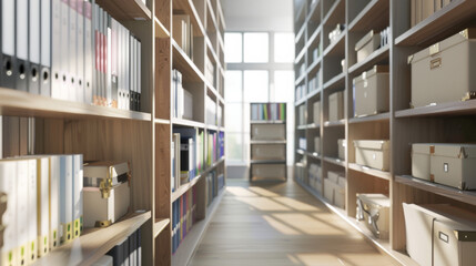 Obraz premium Sunlight streams through a well-organized library filled with shelves of books and files, creating a serene and inviting atmosphere.
