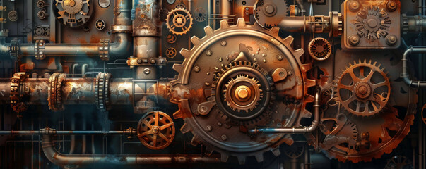 Fototapeta premium A mechanical background with gears and cogs set against a backdrop of industrial pipes and machinery, creating a sense of mechanical complexity.