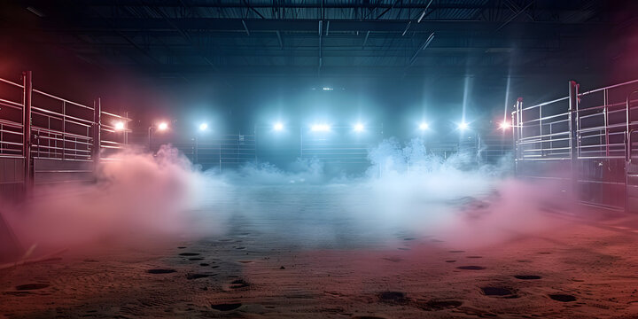 Desolate rodeo arena illuminated by bright lights and lingering smoke. Concept Rodeo Arena, Bright Lights, Smoke, Desolate Setting