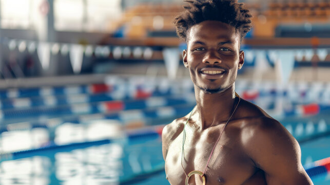A young male swimmer with a gold medal stands confidently by an indoor pool, with rows of lane dividers in the background.