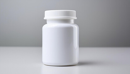 White medical plastic jar on gray background. Packaging for drugs, vitamins. Pill container. Mock-up