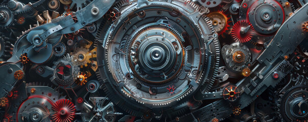 A detailed mechanical background with interconnected gears, belts, and pulleys, illustrating the intricacies of mechanical design and function.