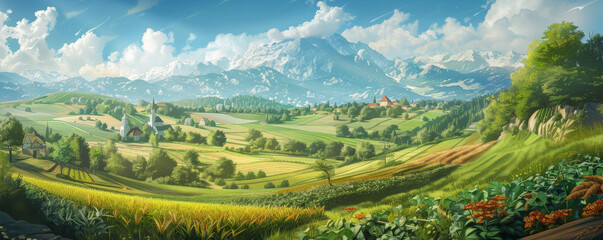 A safe planet backdrop with a serene rural landscape, featuring sustainable farming practices, diverse crops, and green fields.