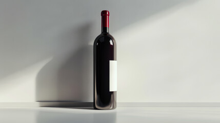 A minimalist display featuring a single bottle of red wine on a sunlit, shadowed background capturing elegance and simplicity.