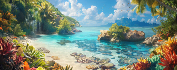 A safe planet backdrop featuring a vibrant coastal landscape with clean beaches, clear waters, and thriving marine life, symbolizing environmental protection.