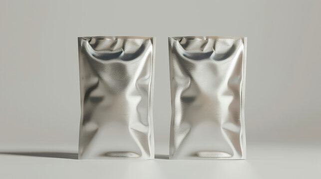 Two silver, crinkled foil packets against a plain, minimalist background, embodying simplicity and efficiency in design.