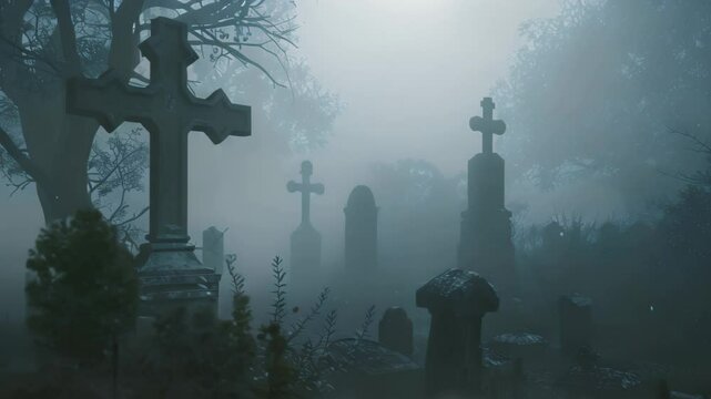 A foggy scene in a graveyard with crosses in the foreground, Mysterious fog drifting through a haunted graveyard