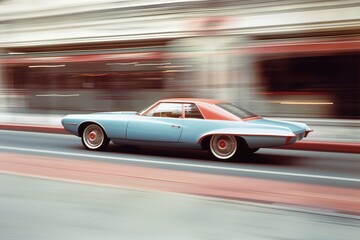 Obraz premium Blue and Orange Vintage Concept Car Driving Fast, Blurred Motion, City Street Background