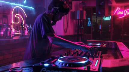 Naklejka premium A DJ immersed in crafting music sets in a dimly-lit, neon-accented club, embodying the vibrant nightlife and energetic ambiance of electronic music culture.