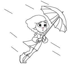 The character with raincoat is holding umbrella due to strong wind and rain. she looks surprised.