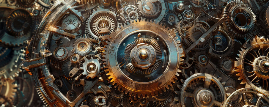 A mechanical background with a network of interconnected gears, pulleys, and belts, creating a sense of mechanical intricacy and synchronization.