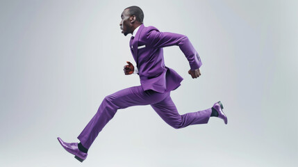 Stylish man in a purple suit dynamically leaping forward against a minimalist grey background, capturing motion and ambition.