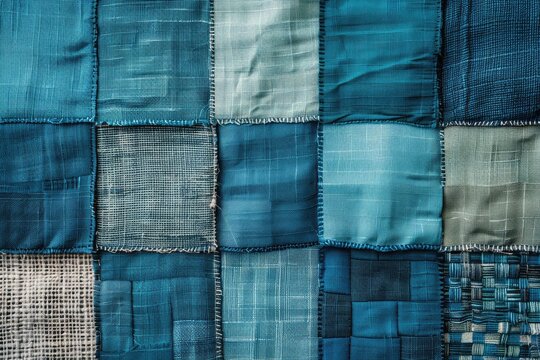 A patchwork quilt made of blue and green fabric. The quilt is made up of many different pieces of fabric, each with its own unique pattern and color. The overall effect is a vibrant