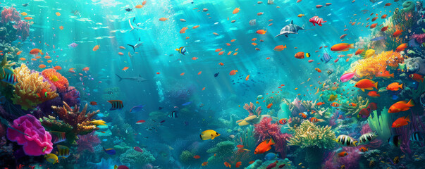 A safe planet backdrop featuring a vibrant coral reef teeming with colorful fish and marine life, symbolizing a healthy and protected ocean ecosystem.
