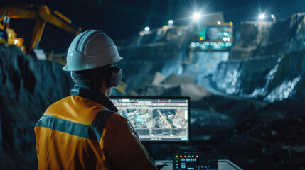 Man in a hard hat monitors a high-tech mining operation under bright lights.
