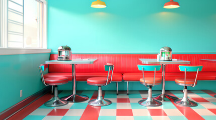 Retro diner booth: chrome napkin dispenser on red formica, jukebox silhouette, neon accent lighting