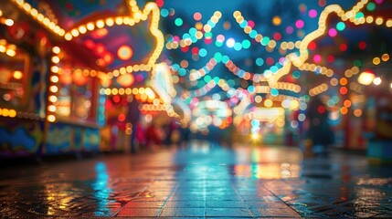 Blurred carnival lights in night time funfair